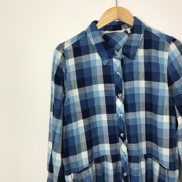 Soft surroundings women’s blue plaid tunic top short button down flannel medium - Picture 2 of 8